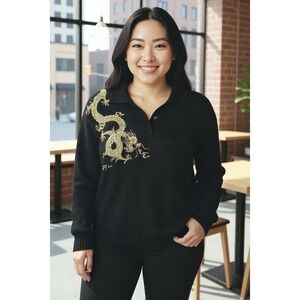 Lauren Ralph Lauren Embroidered Gold Dragon Button Neck Cotton Blend Sweater 3X